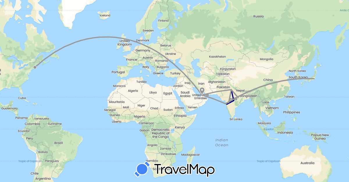 TravelMap itinerary: driving, plane in United Arab Emirates, India, Japan, United States (Asia, North America)